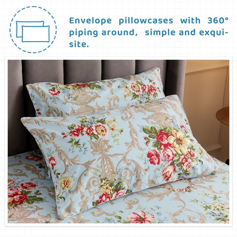 QSH Floral King Size Sheet Sets - Luxury Peony Flower Print Pattern Egyptian Cotton Printed Bedding Sheets 4pcs Extra Soft and Breathable 17.5" Extra Deep Pocket King Size Sheets - Image 4